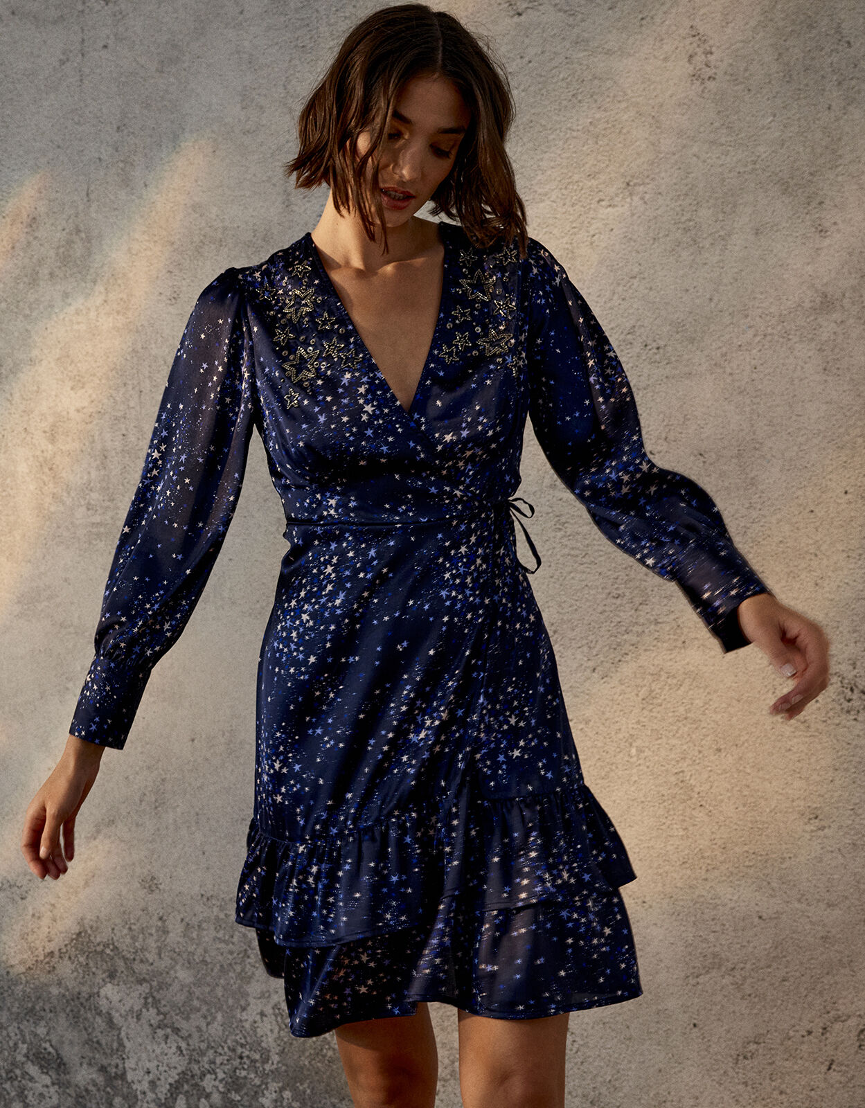 Ditsy Star Print Embellished Wrap Dress Blue | Evening Dresses | Monsoon  Global.